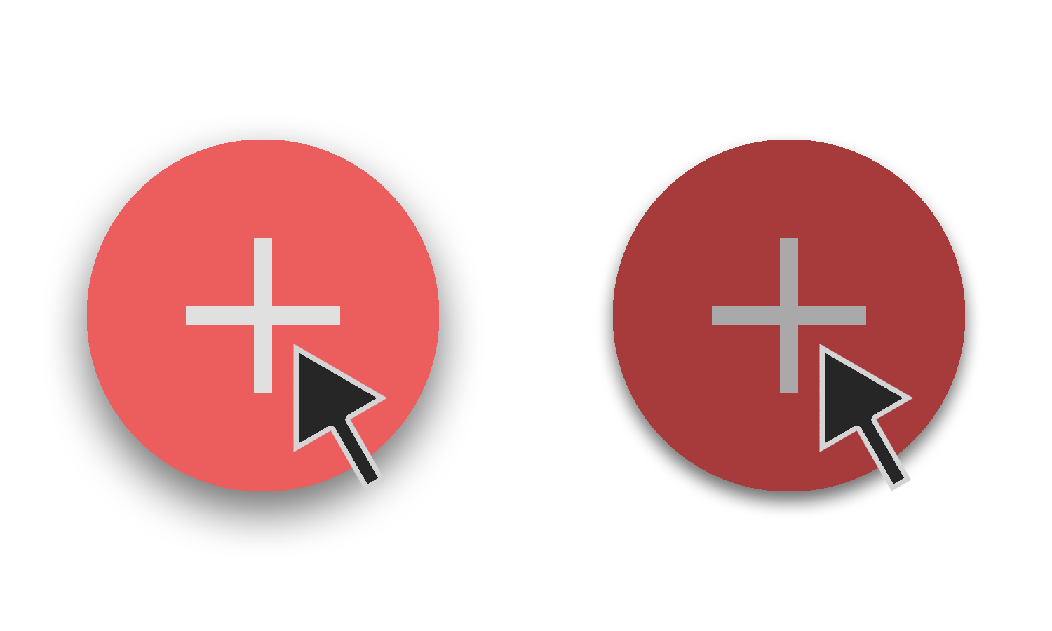 Two circular buttons with two cursors on them signaling a clicking action. One of them is red and the other is maroon to show the act of pressing on a dimensional object within a digital space.